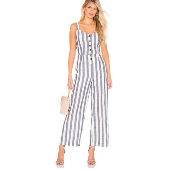 J.O.A Revolve Blue and White Stripe Linen Jumpsuit Sz S - Picture 2 of 11